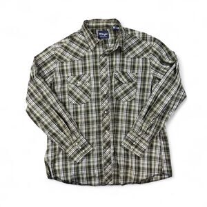 Wrangler Western Shirt Men XL Green Plaid Cotton Western Cowboy Vintage Workwear